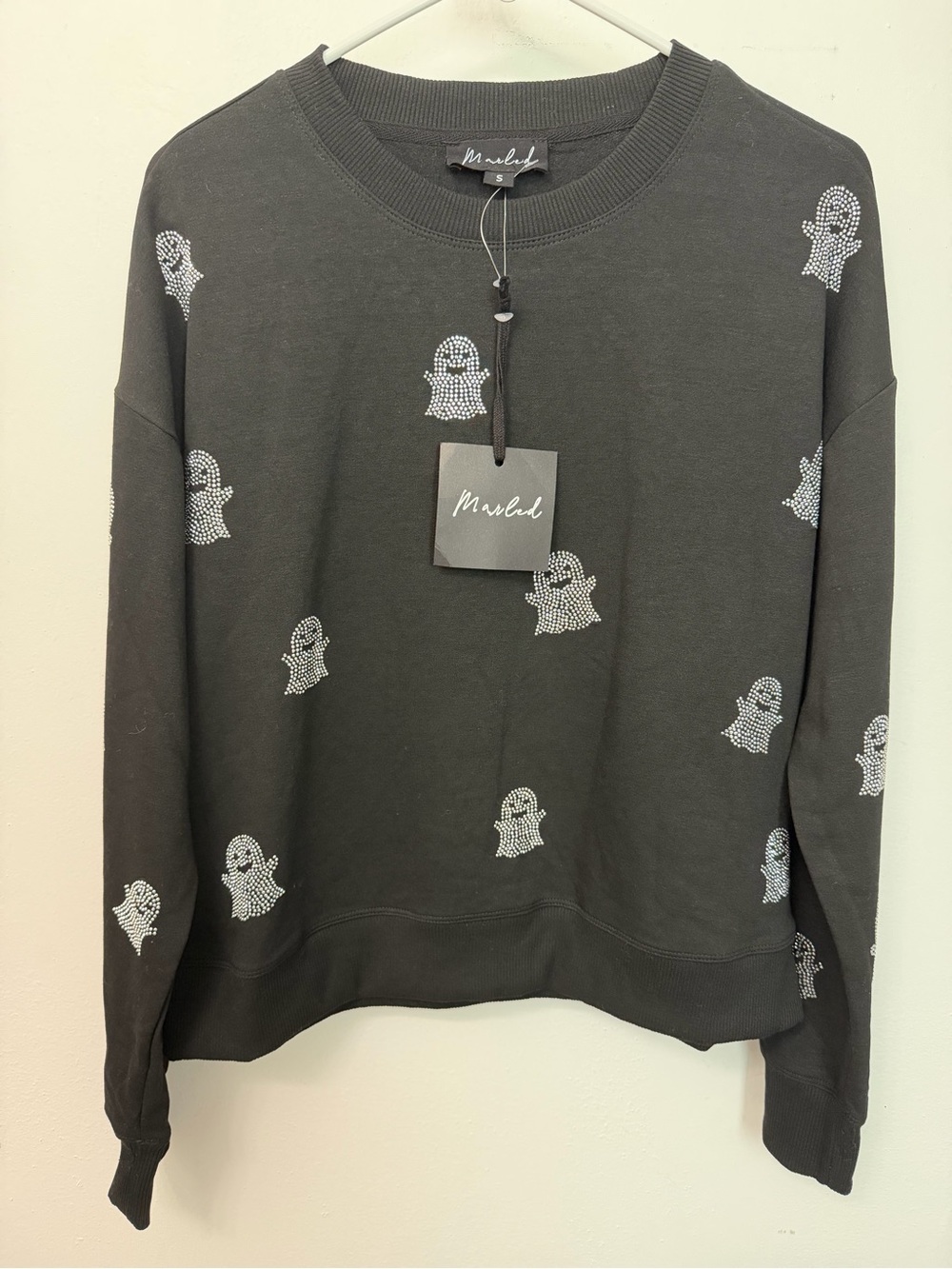 Marled Black Halloween Crewneck Sweater with Silver Rhinestone Ghosts